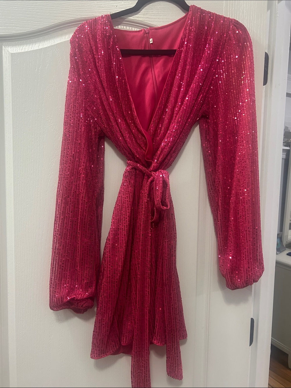 Dark pinkSequin Long Sleeve Tie-Front Mini Dress (large fits size 8)